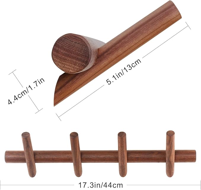 Wood Coat Hooks Wall Mounted Hat Rack Tower Hanger Wall Hooks Decorative Hanger with Pegs Entryway Bedroom Bathroom（Black Walnut,4 Hooks）