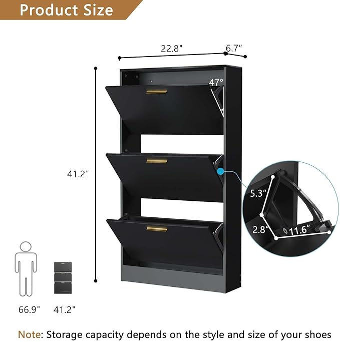 Shoe Cabinet Storage for Entryway, White Shoe Organizer with 2 Flip Drawers & Open Shelf, Freestanding Hidden Large Shoe Storage Cabinet (2pc-Black, 3 Flip Drawers)