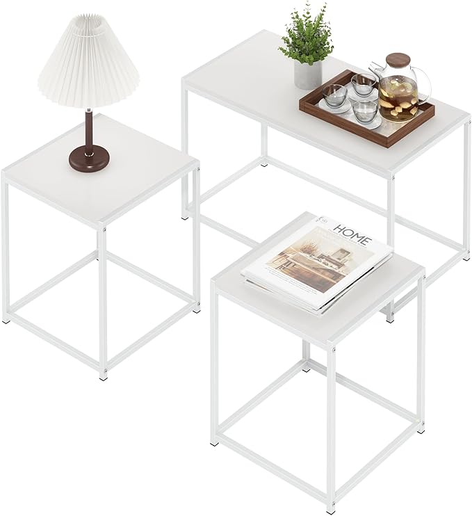 Furinno CAMNUS Coffee Table, Metal Frame Modern Coffee Table and Side Tables Set, Toolless Side Table Sets, for Living Room, Bedroom, Home Office, Solid White