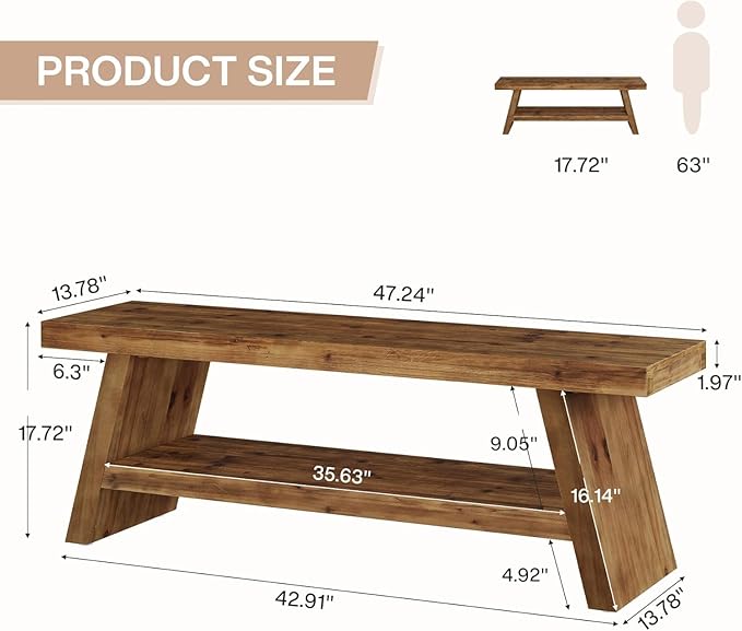 Entryway Bench with Shoe Storage, 2-Tier Hallway Solid Wood Seating with Open Shelves, Wooden Shoe Bench Indoor for Entryway, Living Room, Bedroom (Rustic Brown)