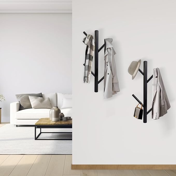 2-Pack Metal Vertical Coat Rack Wall Mounted,Modern Coat and Hat Rack,15.9 Inch Tree Coat Racks for Hats, Jackets, Bags, Clothes, Hats Entryway Bedroom,Living Room（Black）