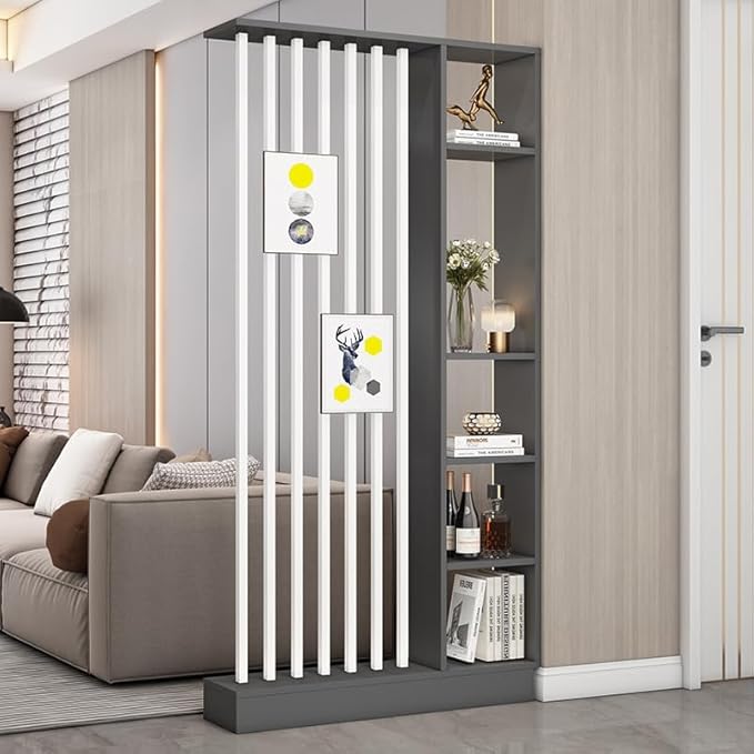 Wall Room Divider, Storage Cabinet Storage Display with Shelves, Modern Freestanding Wood Room Divider Screen, Wall Privacy Screens for Home Decorative (Grey+White,39.5" L x 9.5" W x 79.5" H)