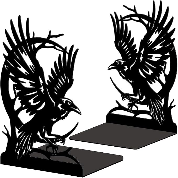 Peacoblue Metal Bookends for Shelves, Modern Decorative Heavy Duty Study Book Ends Stoppers for Office, Desk, Shelf, Room 5.3"x4.3"x7.9" Cast Iron Simple Tall Bookends 1 Pair (Moon and Crow)