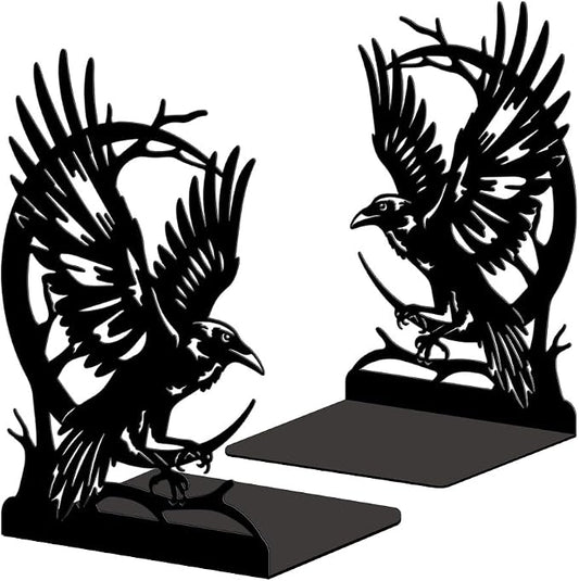 Peacoblue Metal Bookends for Shelves, Modern Decorative Heavy Duty Study Book Ends Stoppers for Office, Desk, Shelf, Room 5.3"x4.3"x7.9" Cast Iron Simple Tall Bookends 1 Pair (Moon and Crow)