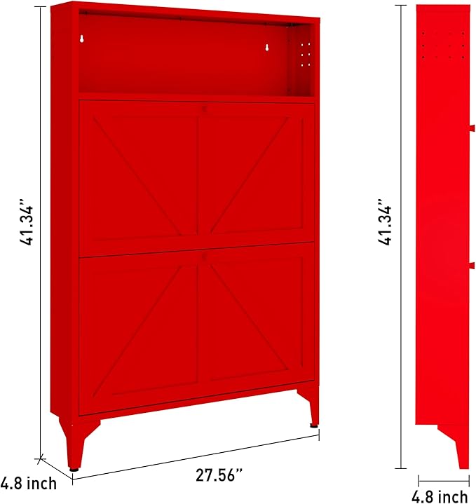 Silm Shoe Cabinet with 2 Flip Drawers,Hidden Shoe Storage Cabinet,Metal Freestanding Organizer,Narrow Shoe Cabinet Storage for Entryway,Hallway,Living Room(2 Door, red)