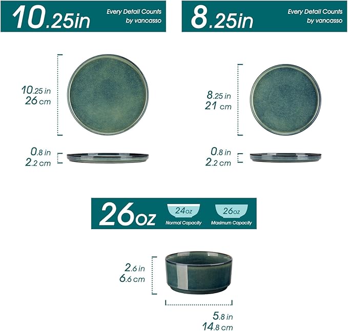 vancasso Starry Plates and Bowls Sets for 8, 24 Pieces Green Dinnerware Sets for Kitchen, Modern Stoneware Dishes Set, Dishwasher and Microwave Safe