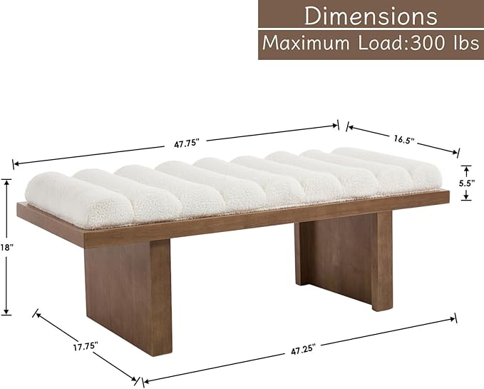 Shunzhi Modern Sherpa Entryway Bench 47 Inch Upholstered Fabric End of Bed Bench Wooden Bedroom Bench with Cylindrical Cushion Window Bench for Living Room/Hallway,White