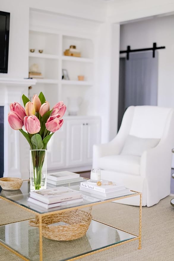 Briful Fake Flowers Artificial Tulip Flower in Clear Vase, Greenish Pink Real Touch EVA Tulip Arrangement Suitable for Home Office Autumn Decoration, Dining Table Centerpiece