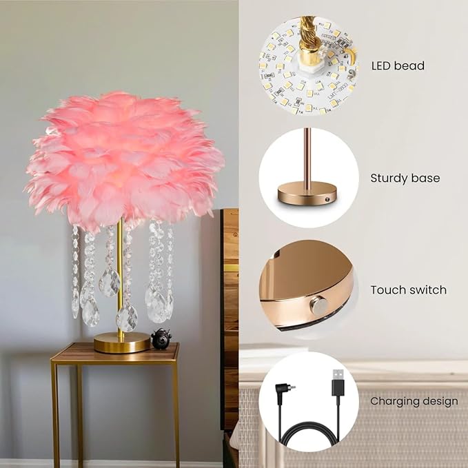 Fandian Bedside Table Feather Lamp Night Light with 3 Color Changing LED Lamp, Plug in Table Lamp for Romantic Girl Mother Bedroom Nursery Desk Decor (Pink)