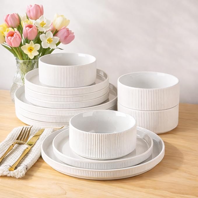GBHOME Stoneware Dinnerware Sets for 4, 12 Pieces Ceramic Ribbed Plates and Bowls Set, Reactive Glaze Stackable Plate Sets, Scratch Resistant Dishes, Microwave & Dishwasher Safe, White