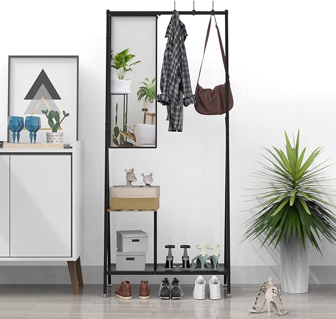CHANCEE Coat Rack with Mirror – Freestanding Garment Rack with Shelf, Aluminum Hanger Stand with Shoe Storage, Multifunctional Clothes Rack for Bedroom, Entryway & Living Room, Rustic Brown/Black