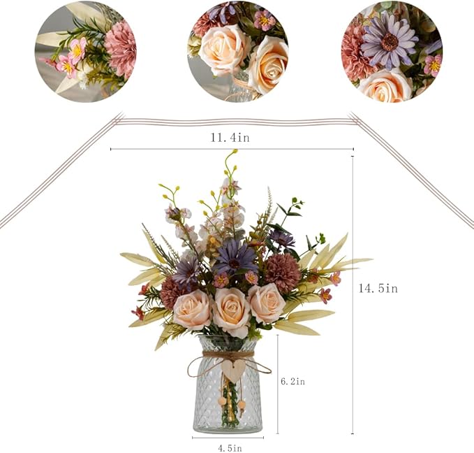 Silk Flowers with Vase, Artificial Flowers Arrangement with Glass Vase Faux Rose for Decoration Table Centerpiece (Rose Champagne)