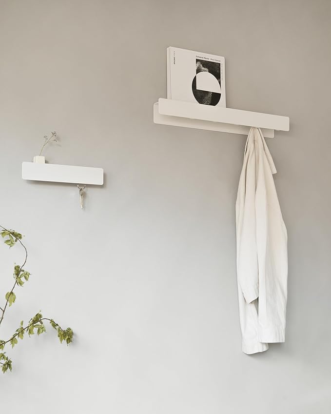 Kazai. Coat Rack Wall Mount 'Kian' | Modern Coat Rack with Hidden Hooks and Shelf | Designer Metal Wall Mounted Clothes Hook | Heavy Duty Entryway Wall Hanger | White