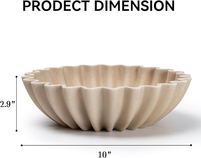 Large Decorative fruit bowl for Home Decor Modern Handicraft Key Bowl for Entryway Table Ruffle Centerpiece Stylish Purse Bowl for Kitchen Counter Coffee Table(Artificial Stone Beige)
