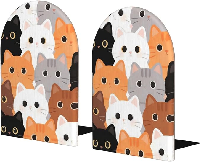 Colorful Cats Cartoon 2 Piece Decorative Bookends 6.7x4.2 in, Book Ends for Home Office Library Shelves Decor Room Kitchen Desktop