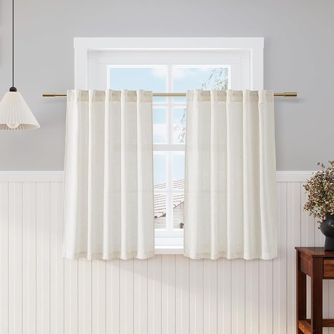 Nanspring 45 Inch Short Window Linen Curtains,Kitchen Window Curtains Over Sink Light Filtering Back Tab and Rod Pocket Neutral Drapes for Cafe/Bathroom/Loft Room Natural, 2 Panels 34 x 45 Inch