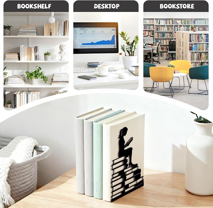 Peacoblue Metal Bookends for Shelves, Modern Decorative Heavy Duty Study Book Ends Stoppers for Office Desk Shelf, Room 5.3"x4.3"x7.9" Cast Iron Tall Bookends 1 Pair (Couple Reading on Books)