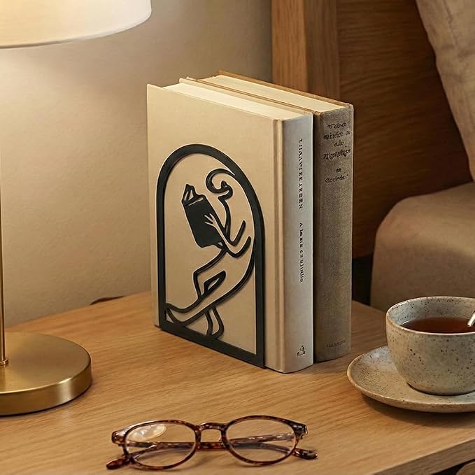 Black Metal Bookends for Shelves Decor Humorous Figure Cute Heavy Duty Bookends for Book Supports, Unique Book Stopper for Office Book Holder Shelf Accessories 1 Pair/2 PCS
