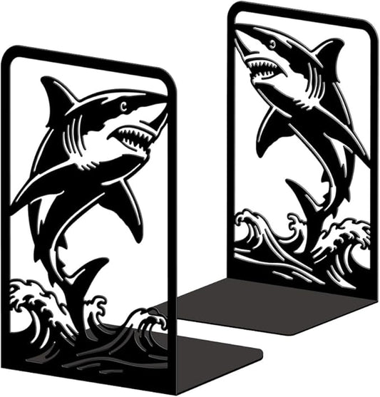 Peacoblue Metal Bookends for Shelves, Modern Decorative Heavy Duty Study Book Ends Stoppers for Office Desk Shelf, Room 5.3"x4.3"x7.9" Cast Iron Tall Bookends 1 Pair (Shark and Waves)