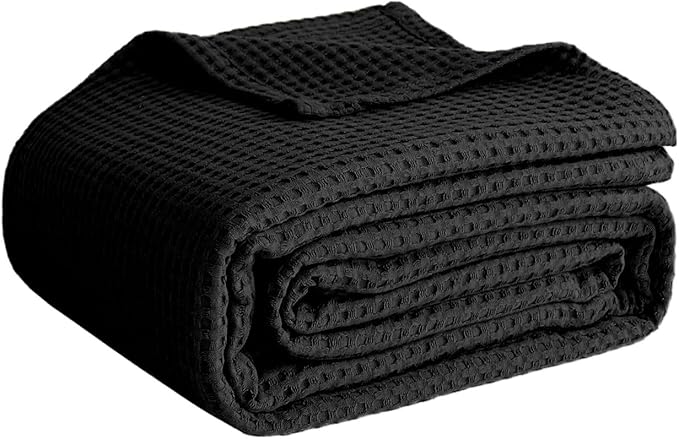 100% Cotton Blankets for Bed - Waffle Weave Blankets for Summer, Lightweight and Breathable Soft Woven Blanket for Spring (Black, Throw (50" x 60"))