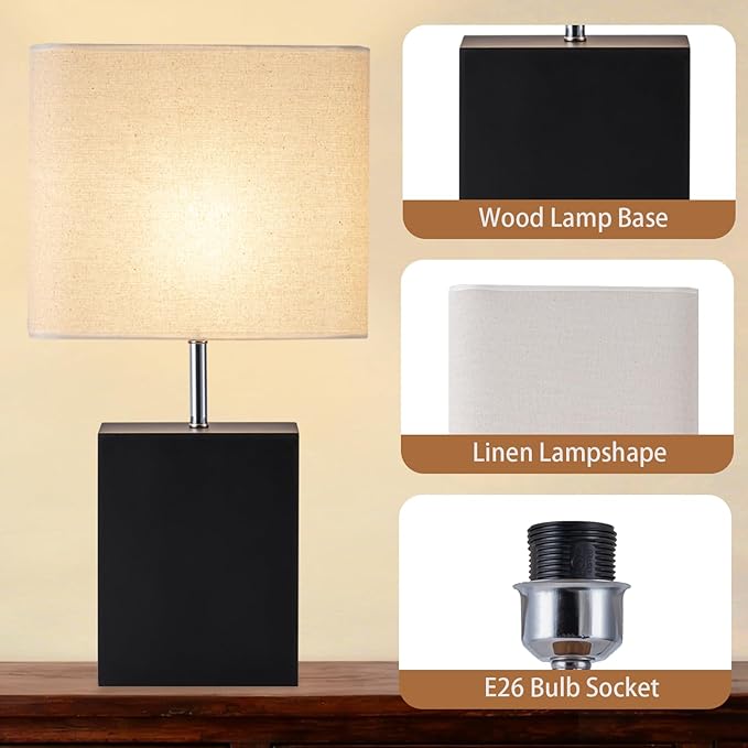 lapupu 23" Wood Table Lamp Set of 2 for Living Room, Modern Bedside Lamps for Bedroom, Large Farmhouse Nightstand Lamp, Desk Lamps for End Table Home Decor, Black