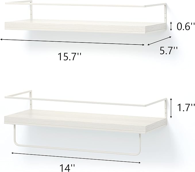 Shario Floating Shelves - Set of 2, Wall Mounted Hanging Shelves with White Towel Rack, Decorative Storage Shelves for Bathroom, Kitchen, Living Room & Bedroom (Rustic White)