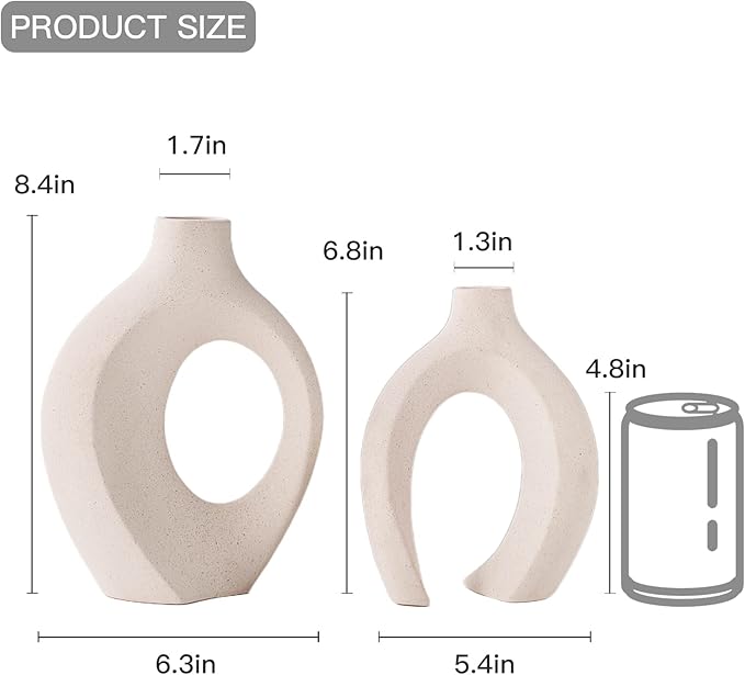 Liotww Ceramic Vases for Home Decor Set of 2, Off White Boho Small Flower Vase, Minimalist Decorative Modern Donut Vase for Living Dining Room Office Entryway Book Shelf Coffee Console Table Décor