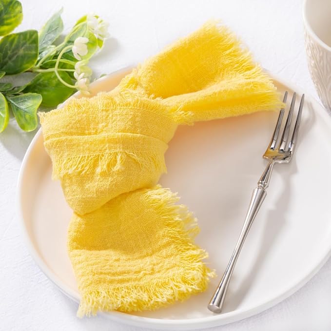 MLMC 10 Pack Yellow Cloth Napkins with Fringe Boho Linen Napkins Washable Reusable Rustic Dinner Table Decor 17"×17" for Wedding Party Bridal Baby Shower Home Decor