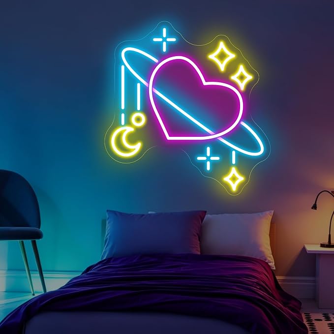 Heart Planet Neon Sign, Galaxy Star LED Neon Sign Wall Decor for Bedroom Room Aesthetic, Neon Signs for Wall Decor Valentine Heart Light Gift 13.2"×12.6"