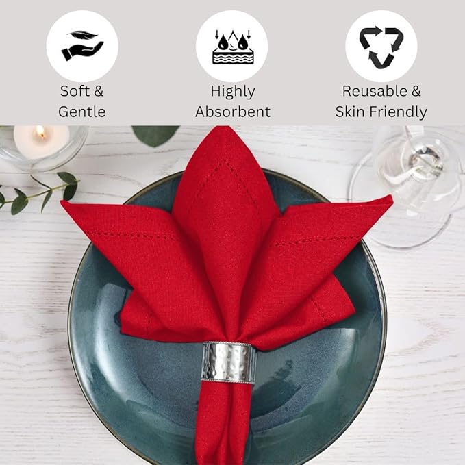 Hemstitch Cloth Dinner Napkins 100% Cotton Set of 6 - for Dining Special Occasions Weddings Parties Holidays Easter - Soft Durable Reusable - Elegant 18x18 Inch Table Cloth Napkins Red