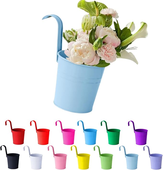 Hanging Flower Pots For Railings, Hanging Galvanized Metal Flower Pot with Hook, Tinplate Hanging Buckets for Garden Balcony Flowers, Colorful Planter for Flowers Grasses and Succulents (Blue)