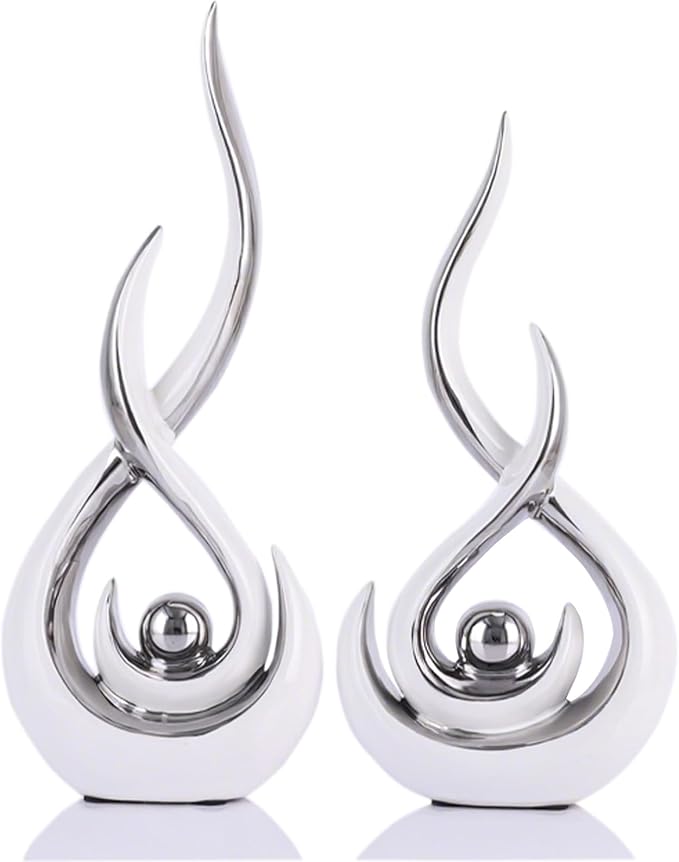2PCS Abstract Art Ceramic Sculptures, Modern Decor Figurines for Living Room Decorative Objects, Sculptures Home Decor Set for Table, TV Stand, Entryway, Bookshelf Display (White Silver)
