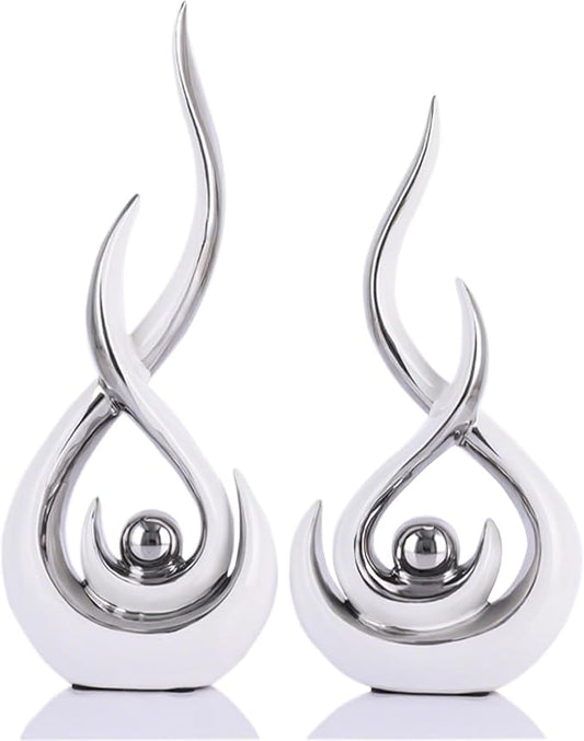 2PCS Abstract Art Ceramic Sculptures, Modern Decor Figurines for Living Room Decorative Objects, Sculptures Home Decor Set for Table, TV Stand, Entryway, Bookshelf Display (White Silver)