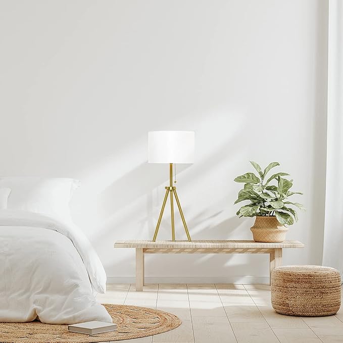 O’Bright Tripod Table Lamp, Adjustable in Height, 100% Metal Body with Linen Drum Shade, Bedside Lamp, Nightstand Lamp, Side Table Lamp for Living Room, Bedroom, Office, Antique Brass