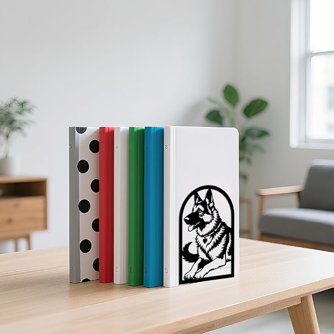 WADORN 1 Pair German Shepherd Metal Decorative Bookend for Shelves, Heavy Duty Book Ends Modern Non-Skid Books Holder Stand Black Book Support Stoppers for Desk Bookshelf Office, 5.3x4.3x7.8 Inch