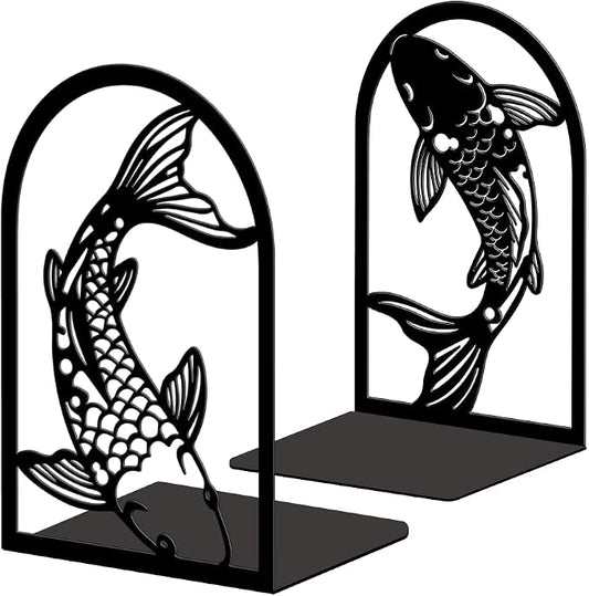 Peacoblue Metal Bookends for Shelves, Modern Decorative Heavy Duty Study Book Ends Stoppers for Office, Desk, Shelf, Room 5.3"x4.3"x7.9" Cast Iron Simple Bookends 1 Pair (Black and White Koi Fish)