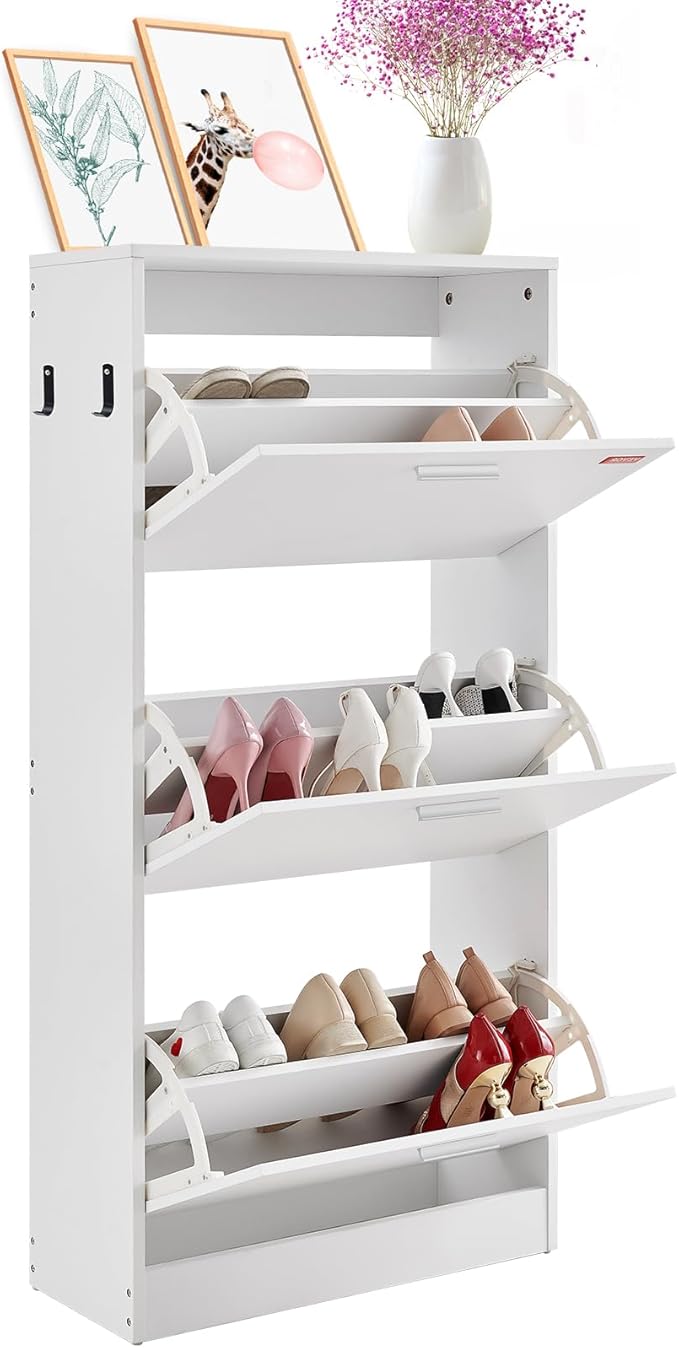 VEVOR Shoe Cabinet with 3 Flip Drawers, Shoe Storage Cabinet for Entryway, Free Standing Shoe Storage Organizer with Side Hooks for Heels, Boots, Slippers in Hallway, Living Room