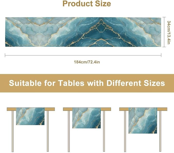Blue Marble Table Runner, Blue Grey Stone Abstract Textured Modern Decoration Table Runner for Kitchen Dining Home Party Decor, 13x60 Inch