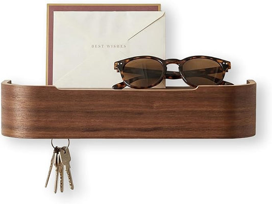Wall Mount Key Holder with 5 Hidden Hooks Modern Key Hanger Rack Wood Entryway Hook Mail Organizer Tray Shelf Home Decor for Car Key Ring Dog Leash Sunglasses Bags(Black Walnut)