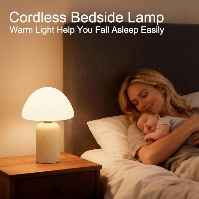 9.8 inch Mushroom Lamp, Cute Cordless Rechargeable Table Lamp with Glass Shade, 3 Color Temps LED Dimmable Ambient Lighting, Small Retro Touch Bedside Light for Decor, Resin Base.