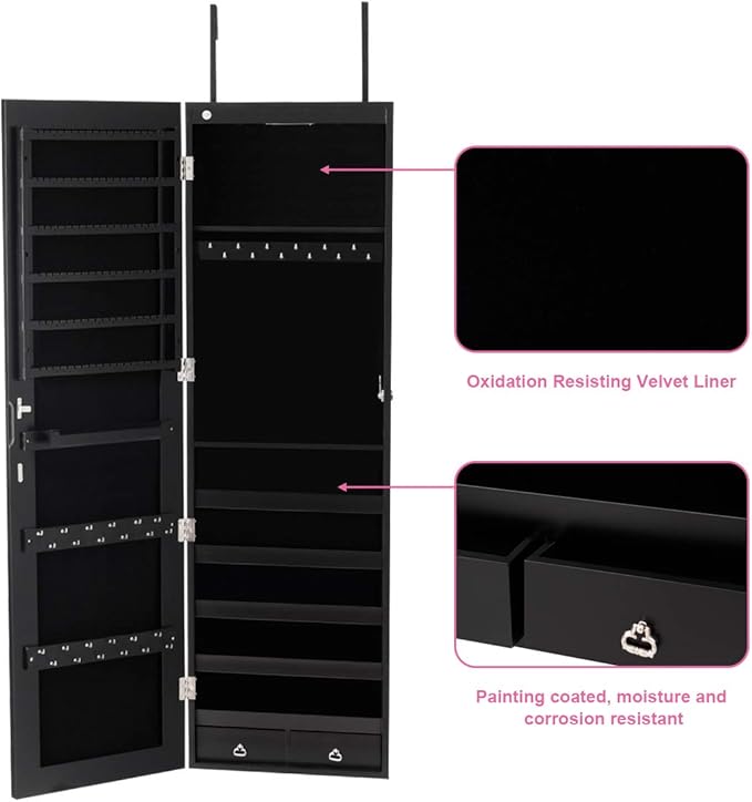 GOFLAME Jewelry Cabinet Wall Door Mounted, 47.5” Frameless Full Length Mirror with Storage & LED Lights, Lockable Jewelry Armoire Organizer for Women, Girls, Black