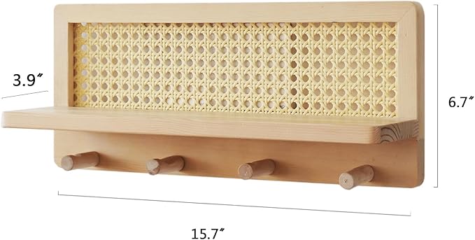 PE Rattan Coat Rack Shelf Wall Mounted with 4 Hooks, Decorative Coat Hook Rack with Floating Shelf for Entryway, Nursery, Mudroom, Hallway, Kitchen, Office (Burlywood)