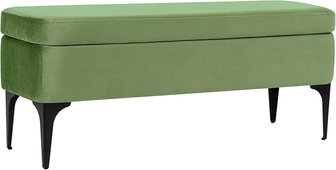 HomePop Upholstered Storage Bench with Metal Leg, 42" W, Green Velvet