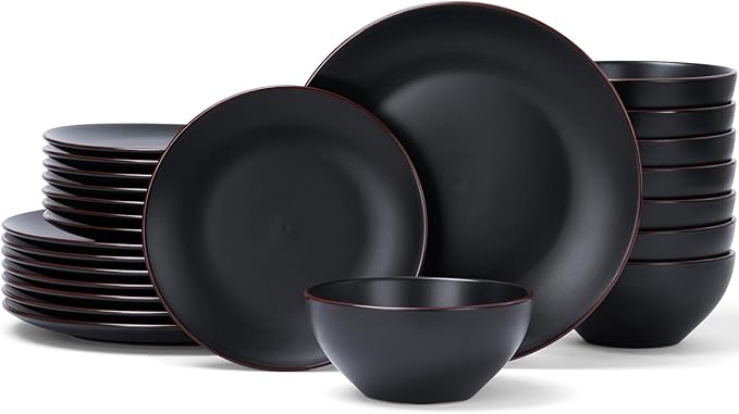 Famiware Venus Plates and Bowls Sets with Trim, 24 Pieces Stoneware Chip Resistant Dinnerware Dishes for 8, Matte Black - Microwave/Dishwasher Safe, Modern Minimalist, for Everyday Meals/Formal Dining