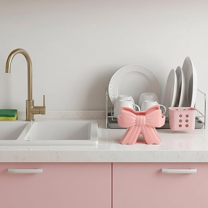 Pink Bow Kitchen Sponge Holder Ceramic Dish Sponge Holder Rack for Kitchen Sink Coquette Pastel Compact Sink Caddy Organizer Decor Cute Gadgets Pink Accessories for Scouring Pad Dish