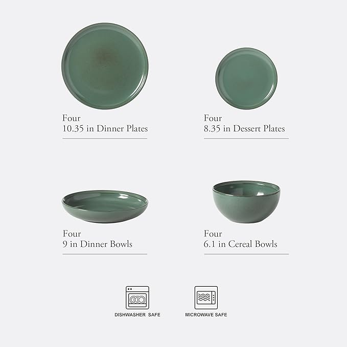 Gibson Elite Beckett Stoneware Matte Reactive Glaze 16 Piece (Service for 4) Plates and Bowls Dinnerware Set - Green