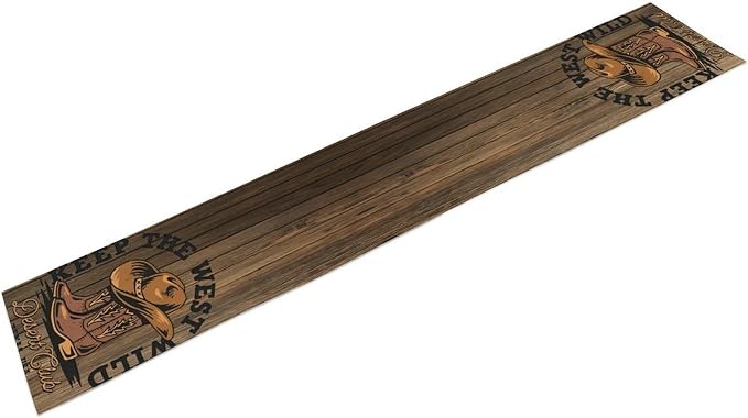 Rustic Western Table Runner, Wild West Cowboy Hat Boot Wooden Design Farmhouse Country Table Runner for Kitchen Dining Party, 13x90 Inch
