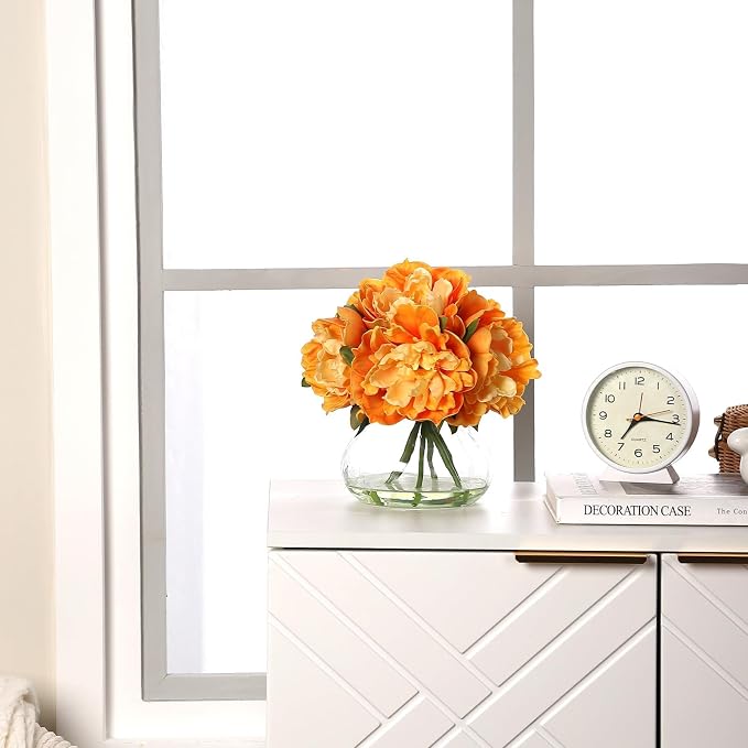Orange Peony Bouquet in Glass Vase - 6 Piece Artificial Flower Arrangement with Faux Water for Wedding & Home Centerpieces