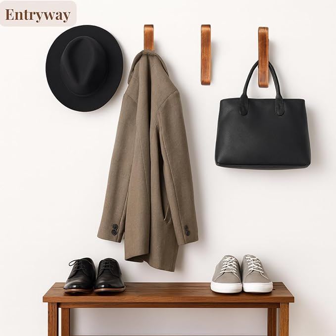 Wood Wall Hooks, Rustic Wood Coat Hooks, Minimalist Hat, Backpack, Jacket, Towel Hangers, Decorative Mounted Pegs, Durable Wall Hooks for Entryway, Bathroom and Kitchen (Brown V2, 4 Pack)