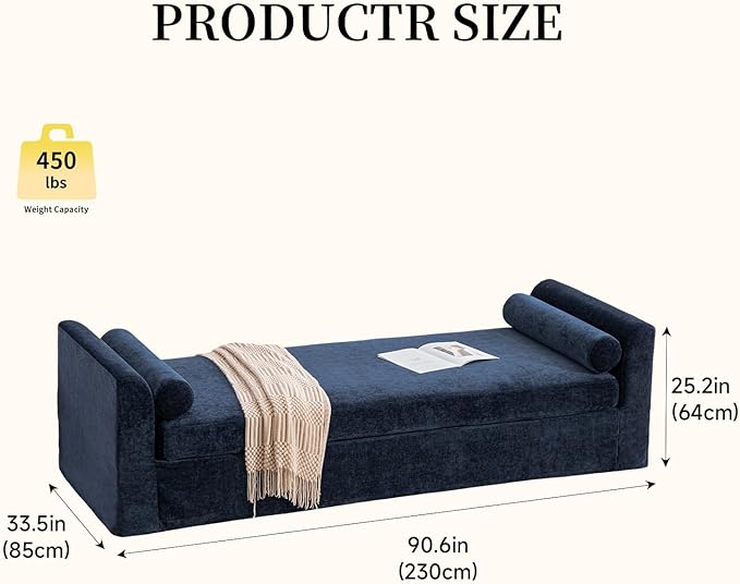 Chifee & Vingol 90.55" W Oversized Chaise Lounge Upholstered Bedroom Benches Extra-Long Indoor Bench Entryway Bench with Removable Pillows for Living Room Hallway,Navy